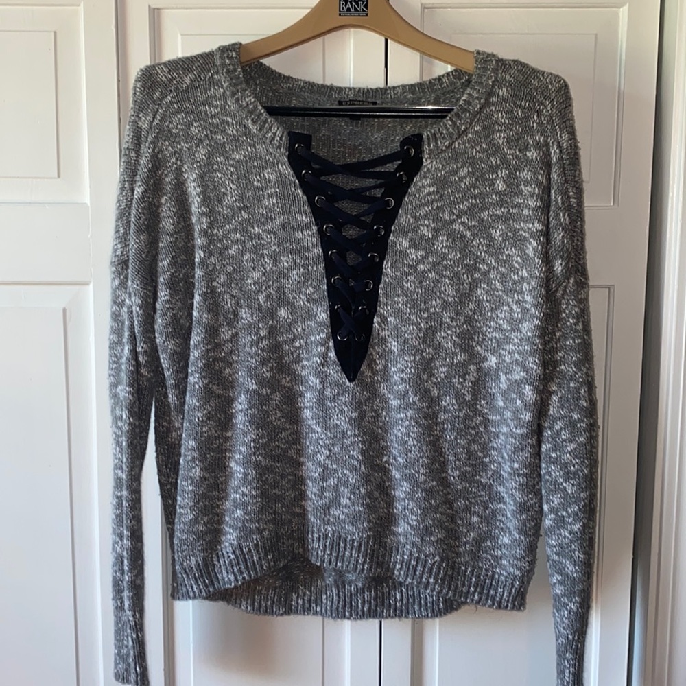 Grey/Black/White sweater with crisscross front